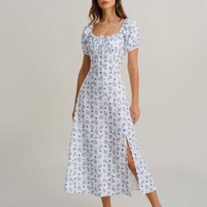 Elegant Blue Floral Square Neck Ruched Midi Dress – Custom OEM Manufacturer