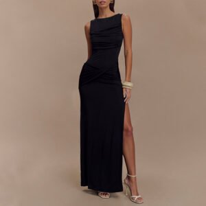 Custom Black Slinky Drape Maxi Dress – High-Quality OEM Manufacturer