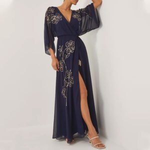 Elegant Blue Maxi Wrap Dress for Women – OEM Production for Global Brands
