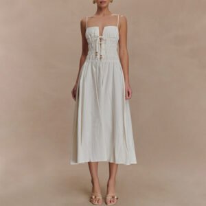 Custom White Shirred Cotton Midi Dress – High-Quality OEM Manufacturer