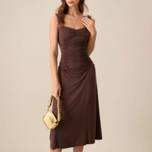 Custom Women's Coffee Ruched Knitted Slip Midi Dress | Elegant Casual Dress | High-Quality OEM Clothing Manufacturer