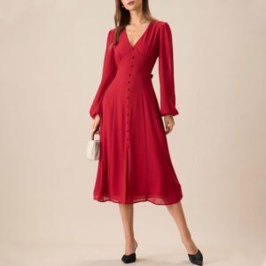 Elegant Red Puff Sleeve Midi Dress with Slit – Custom Clothing Supplier