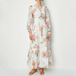 Watercolor Flora Long Sleeve Dress in Tencel-Ramie | Custom OEM Women’s Clothing Manufacturer | Eco Soft Fabric